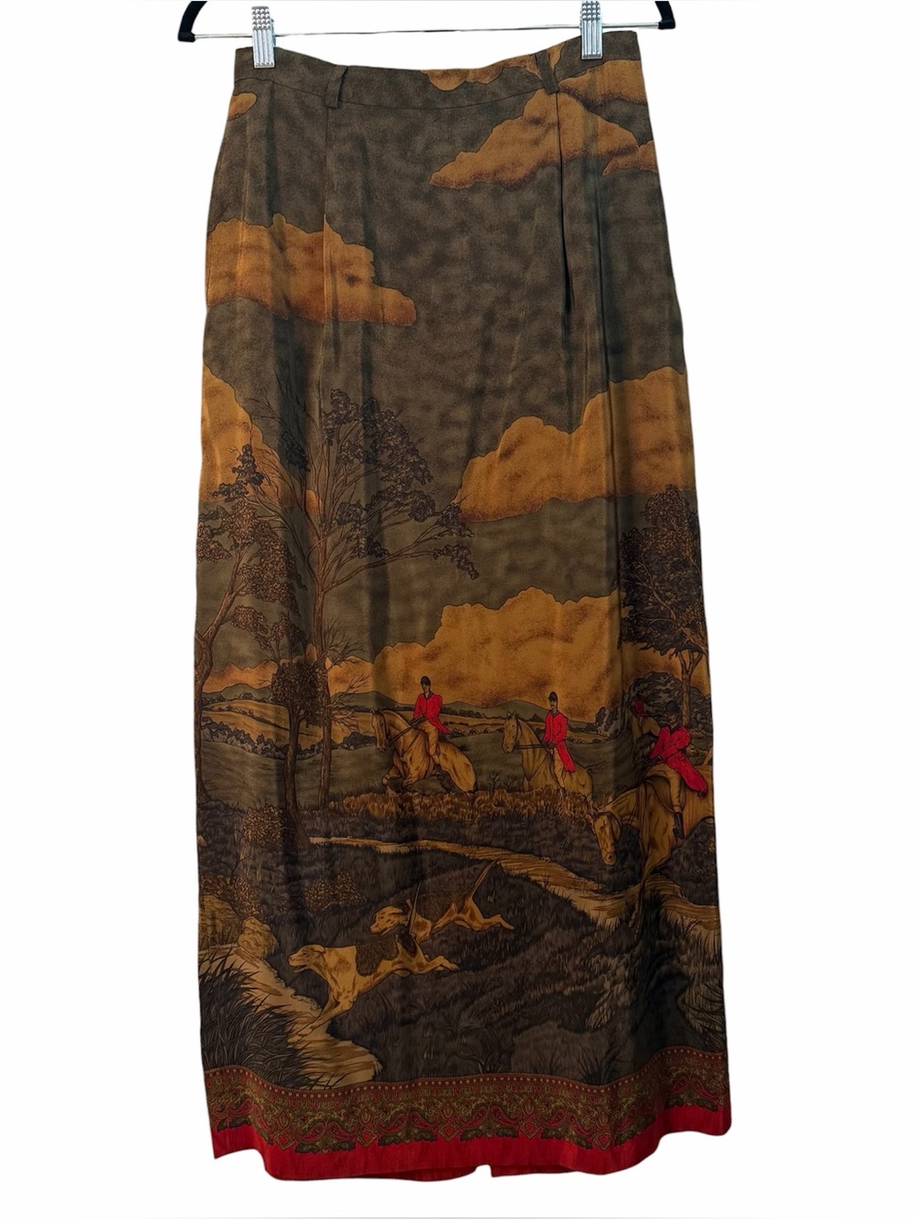 100% Silk Vintage Maxi Skirt with Horse Riding Print (30” Waist) Derby Fashion